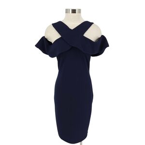 Lulus Cityscape Sheath Dress Navy Blue Flutter Off Shoulder Zip Back Medium